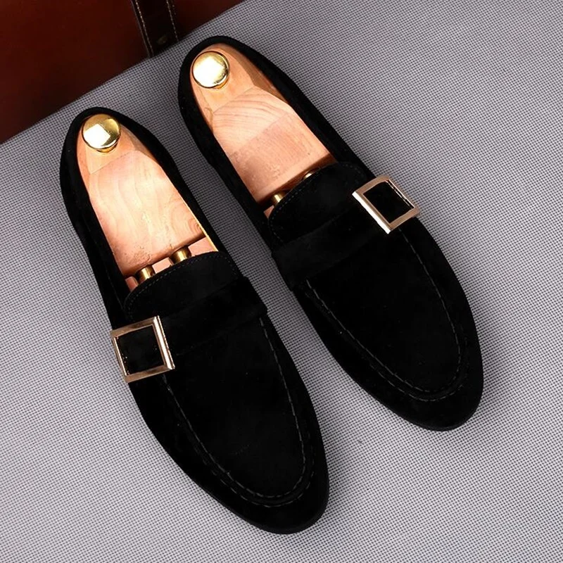 New Fashion Italy Style Luxury Mens Suede Loafers Handmade Strap Buckles Men Casual Shoes Slip On Mocasines Men\'s Slippers