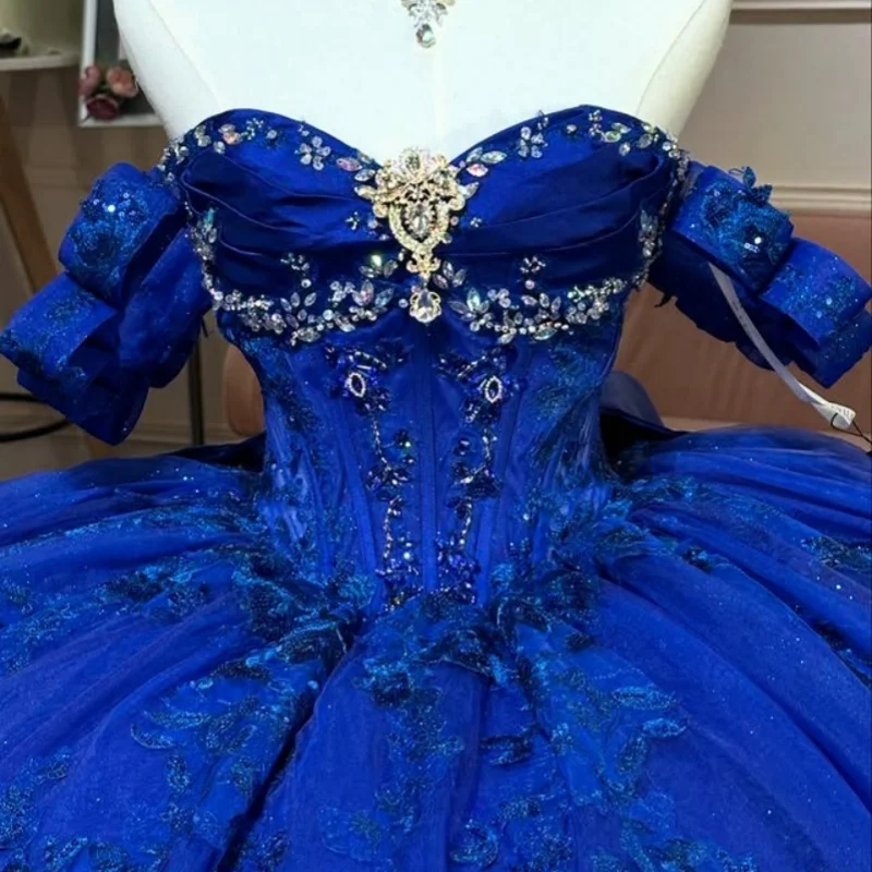 

Shiny dark blue Quinceanera Dress crystal glitter 3D flower Decal Long tail Bow luxury Vestidos De 15 Quinceanera ﻿Customize