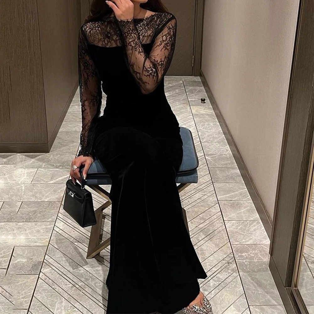 

Flechazo Scoop Neck Black Evening Dress Illusion Lace Long Sleeves Straight Floor Length Sexy Open Back Ladies Party Gowns