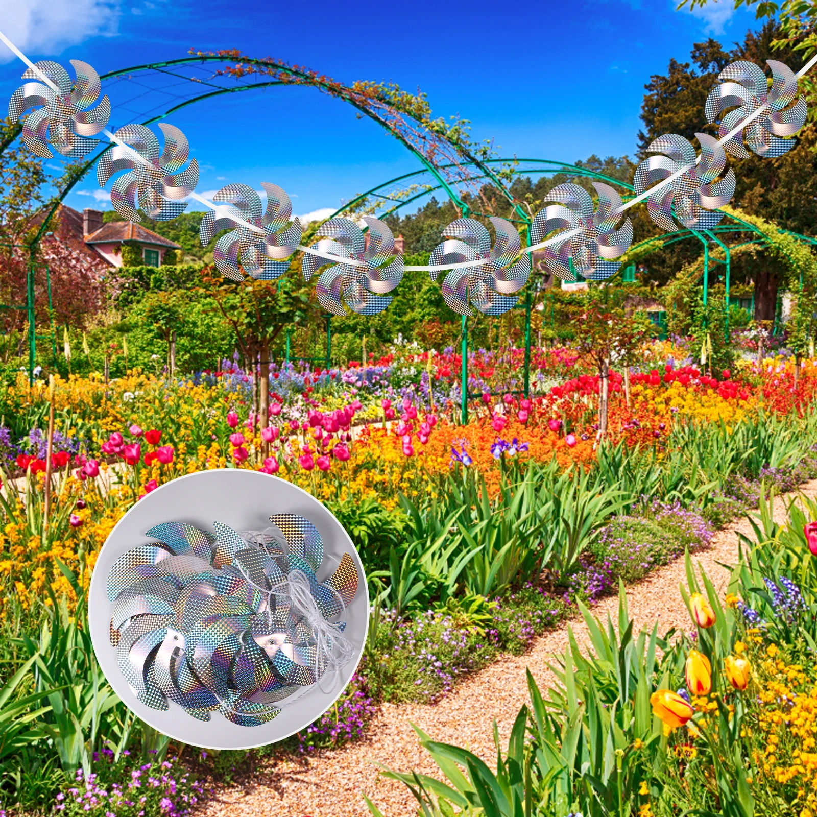 

1 set Sparkly Holographic Pin Wheel String 10M Wind Reflective Bird Banishment Tool Garden Lawn Decoration Yard Balcony Roof