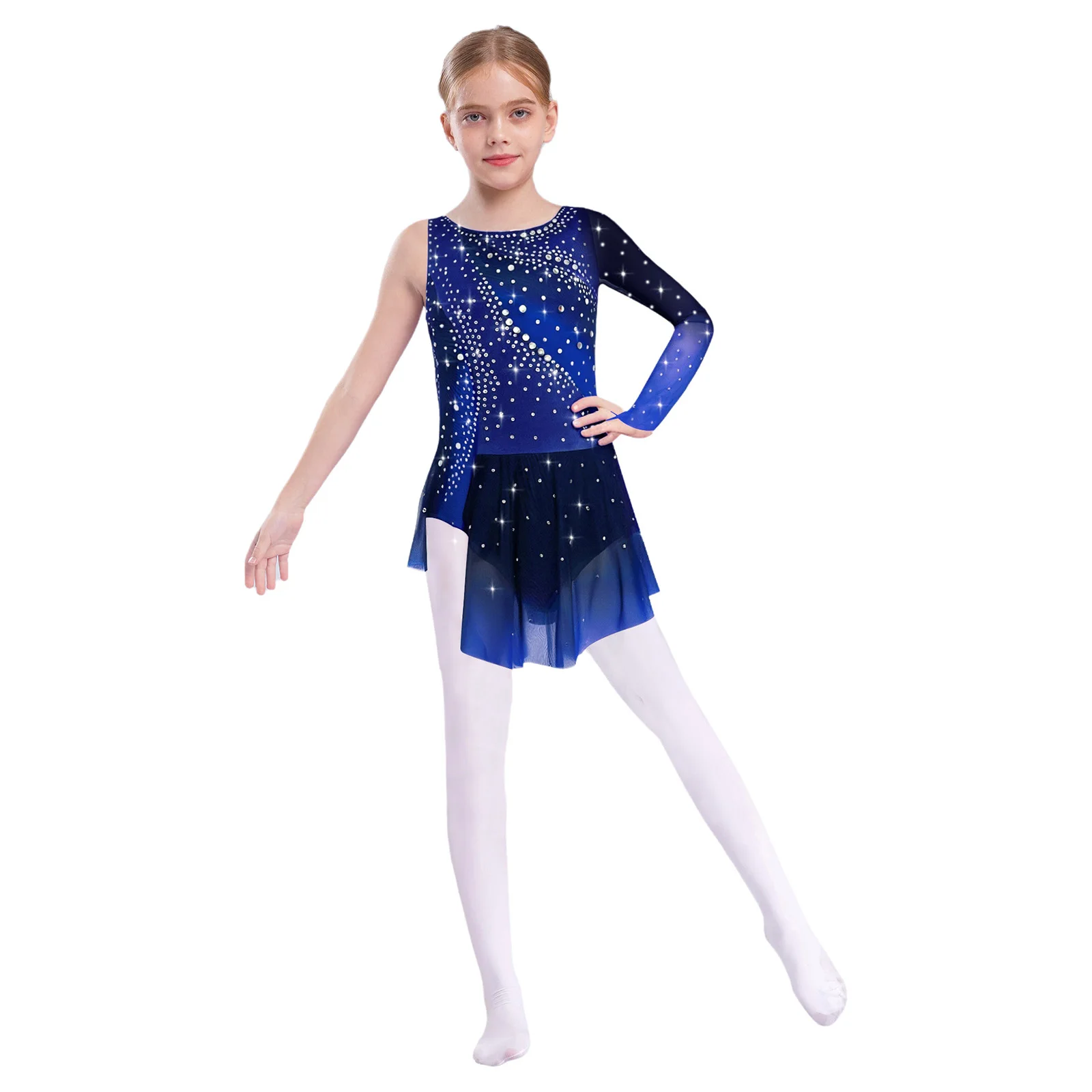 Girls Asymmetrical Gymnastics Dance Leotard Dress Sparkling Rhinestone Side Split Built-in Briefs for Ballet Stage Performance