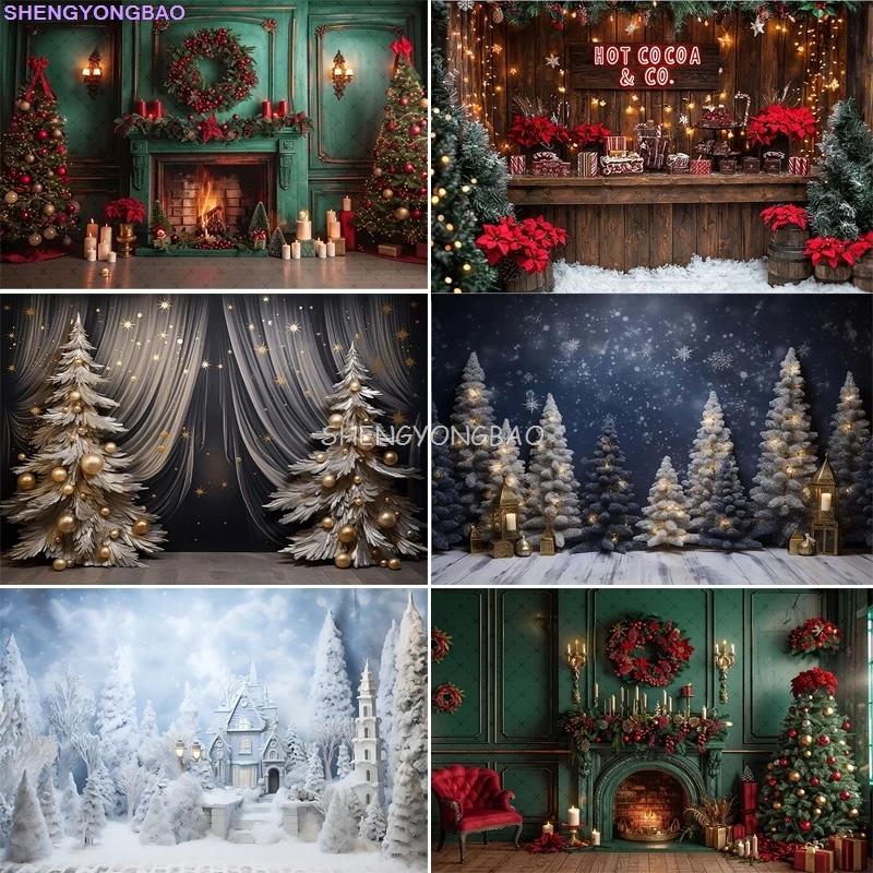 

Festive Christmas Room Fireplace Photography Backdrops Winter New Year Holidays Party Xmas Tree Window Photo Background BR-07