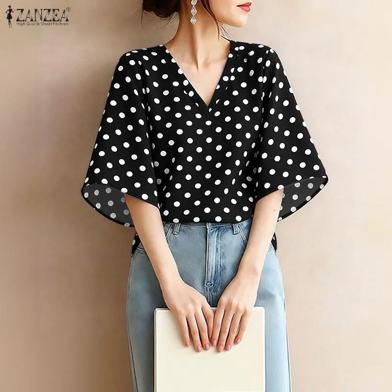 

ZANZEA 2026 Summer Woman Polka Dot Blouses Elegant Vintage V-Neck Half Bell Sleeves Loose Tops Vacation Casual Blusas de Mujer