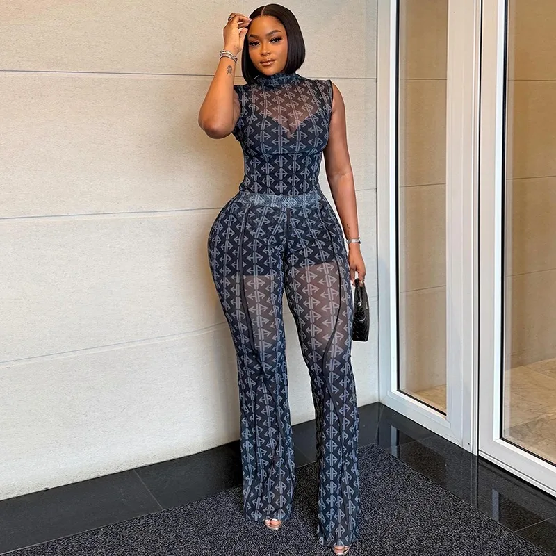 2 Piece Set Women's Pattern Print Turtleneck Sleeveless Waist Cinched T-Shirt Tops & Long Pants