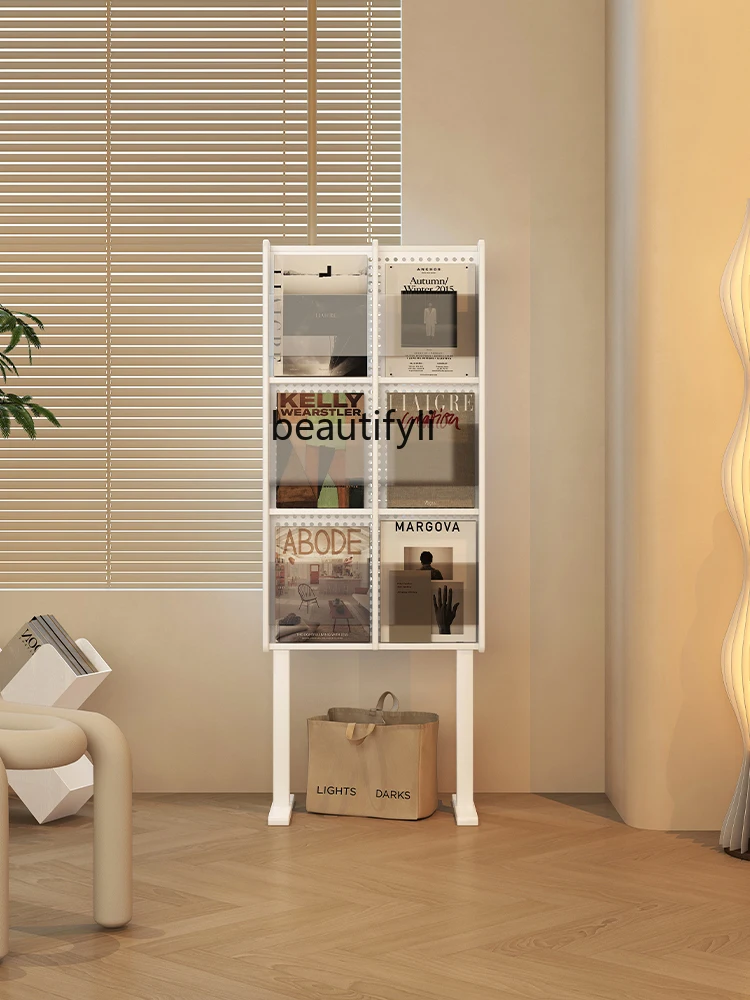 Magazine Shelf Floor Living Room Bookshelf and Storage Shelf Wire-Wrap Board Storage Display Stand Cream Style