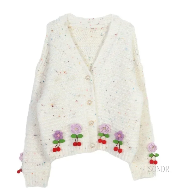 2024 Autumn Winter Cardigan Women V-neck Three-dimensional Cherry Flower Loose Knitted Cardigan Sweet Gentle Sweater Women