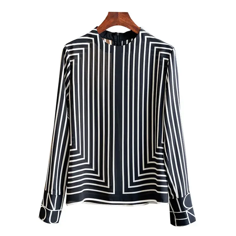 Silk Stripe Women\'s Blouses Summer 2023 Geometric Print Long Sleeves Shirts Loose Korean O-Neck New Casual Top