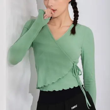 ผู้หญิงโยคะสีแขนยาว Slim เสื้อออกกําลังกาย Elastic Tops วิ่งกลางแจ้ง V คอไม้หูลูกไม้ฟิตเนส