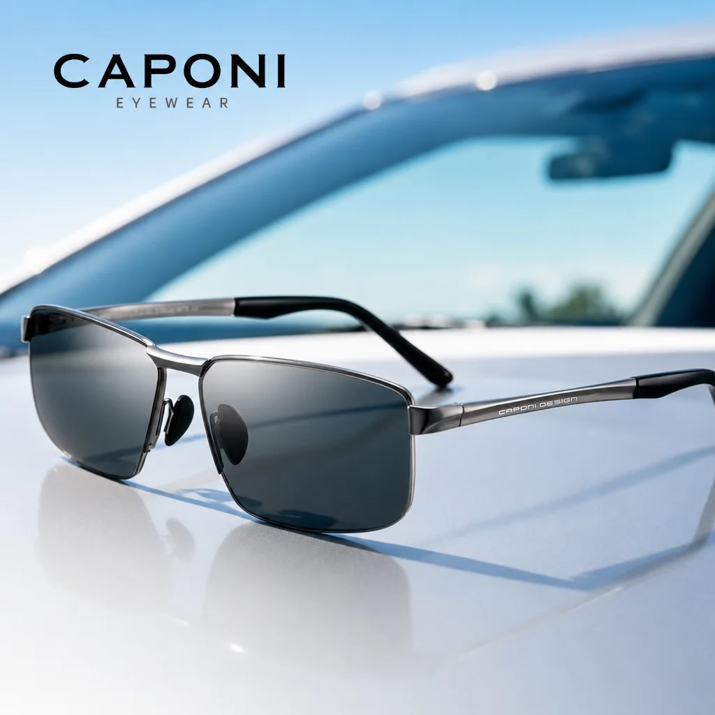 CAPONI Polarized Men Sunglasses New Photochromic Outdoor Driving Fishing Golf Sunglasses UV400 Nylon Lenses Black Shades BS8917