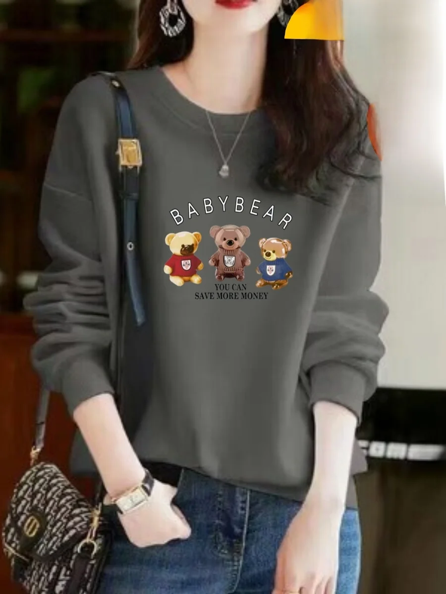 

Thiened Long Sve Hoodie Women's Pure Cotton Winter Sweatirt round Ne Print Design Fce Lined plus Size Casual Top