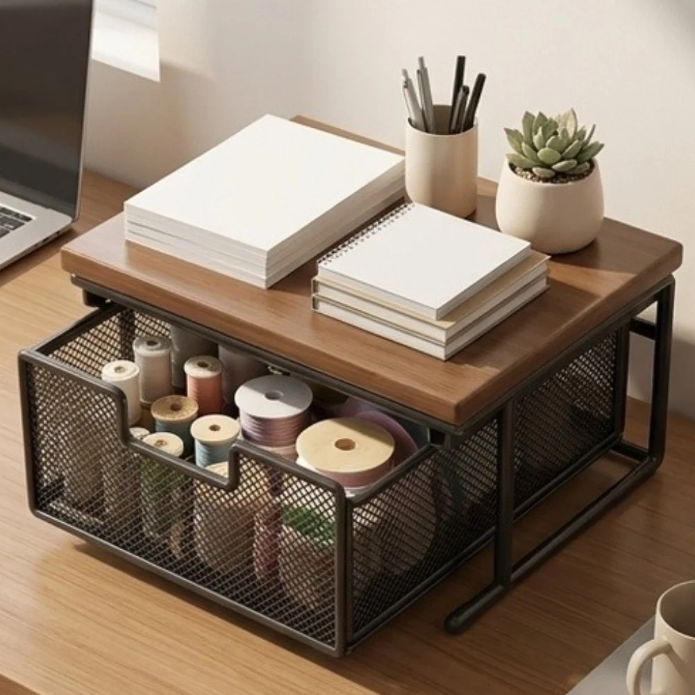 Wood Printer Stand, 2-Tier Stand For Office Supplies,Slide-Out Mesh Drawer Tea Bag Tea Cup Desktop Storage Rack