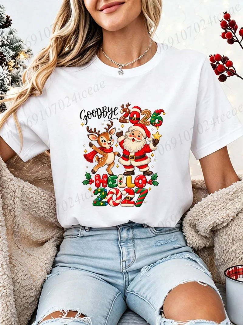 Unisex Christmas New Year T-Shirt Goodbye 2026 Hello 2027 Santa & Reindeer Print Tees Short Sleeve Tee Xmas Holiday Casual Tops