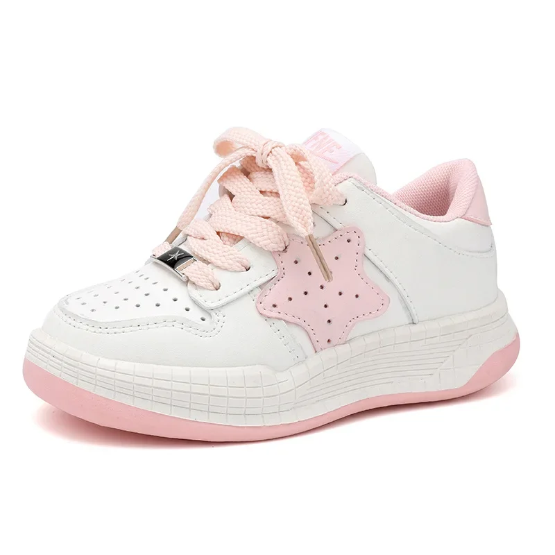 Girls' Casual Shoes Star Soft Sole Anti Slip Children's Sports Shoes 2024 Spring New Breathable Kids White Sneakers