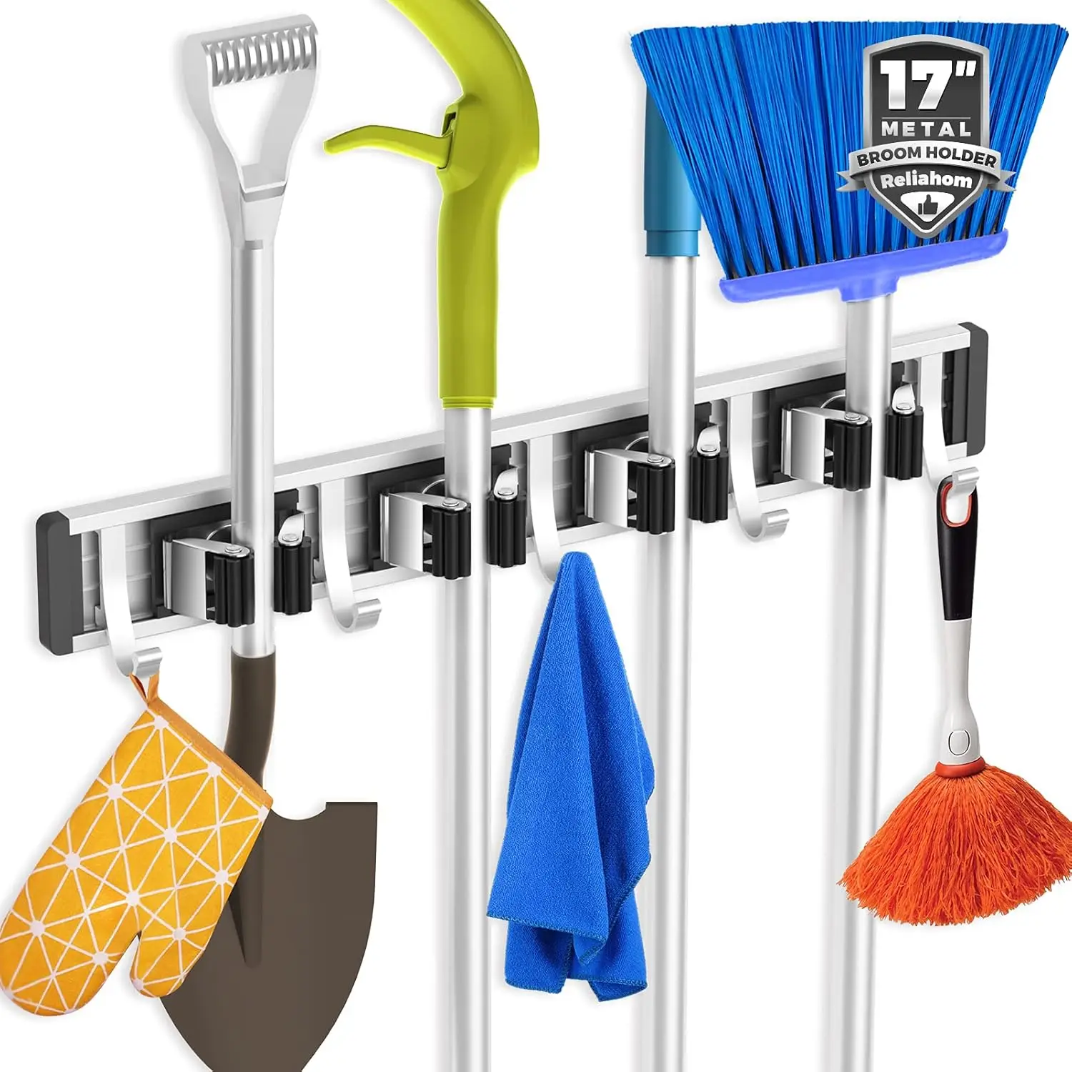 

Broom Holder Wall Mount, 4 Racks with 5 Hooks Black - Mop Storage Tool Racks, Broom Hanger Tool Organizer for Garage, Kitchen, Garden, Laundry Room