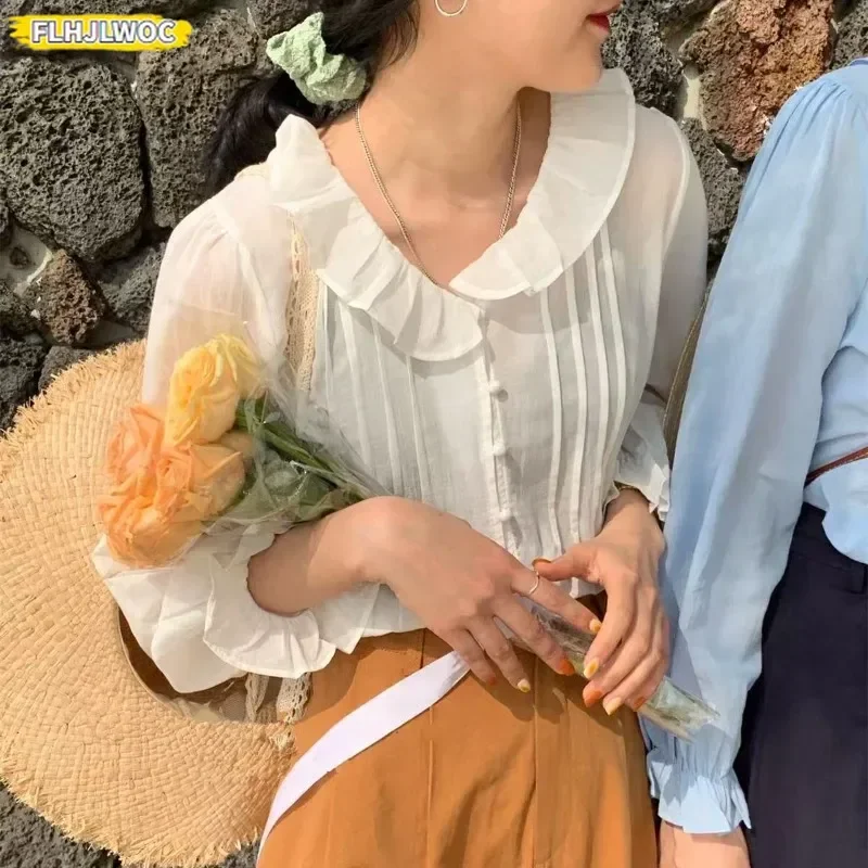 Estilo japonês coreia chique topos verão feminino manga alargamento camisa blusa estilo preppy meninas doce bonito rosa babados retro vintage topo