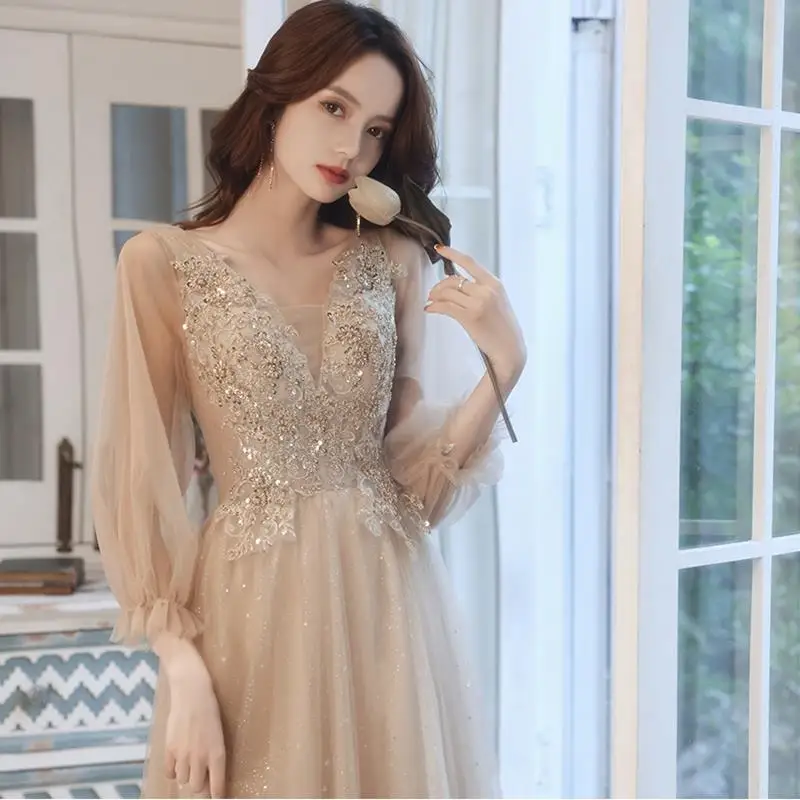 

Champagne Color Evening Dress Women's Fashionable Maids Dress Hostess Dress Art Exam Hostess Long Skirt Wedding Party Dress