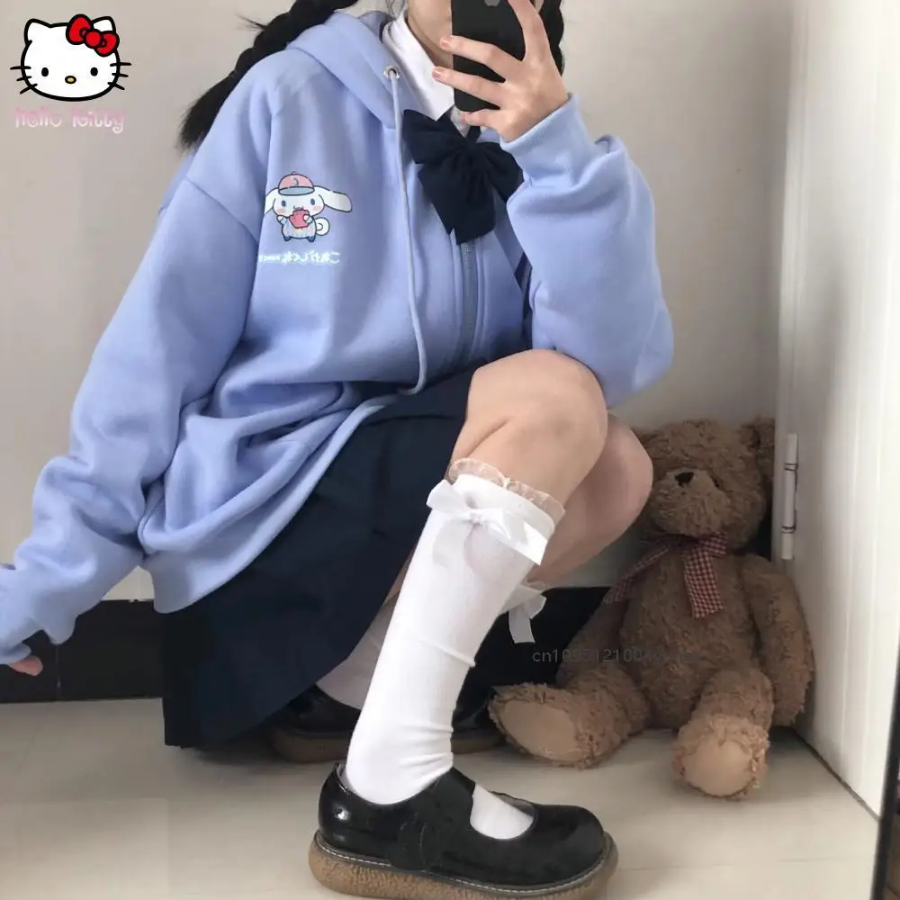 

Sanrioed Hooded Couple Outfit Kuromi Cotton Autumn Zipper Coat Loose Vintage Student Sweet Tops Cinnamoroll Anime Kawaii Coat