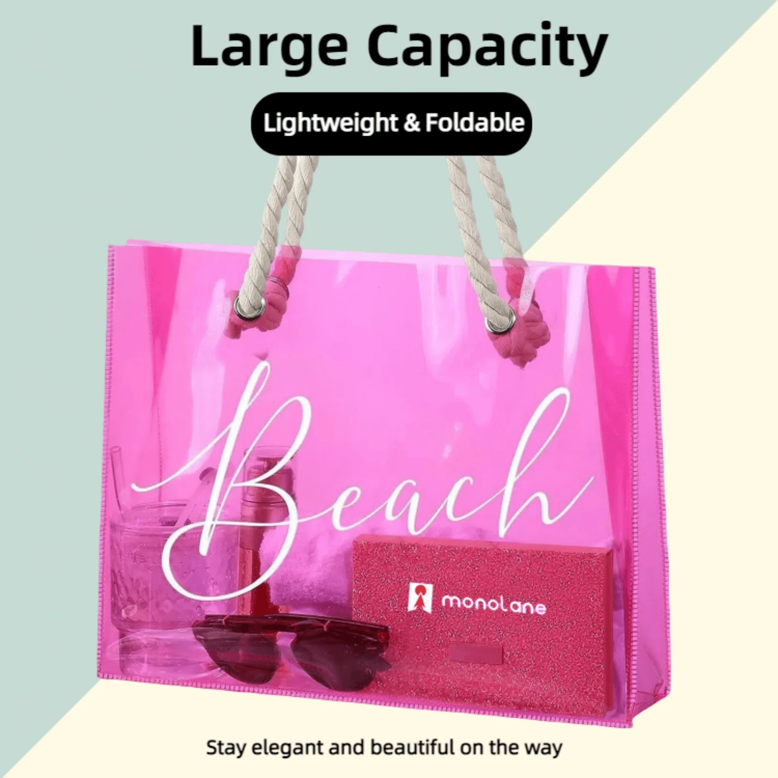 4 Pieces Pink transparent PVC beach tote, Swimming Shopping Party gift bag large capacity portable,  bag for vacation