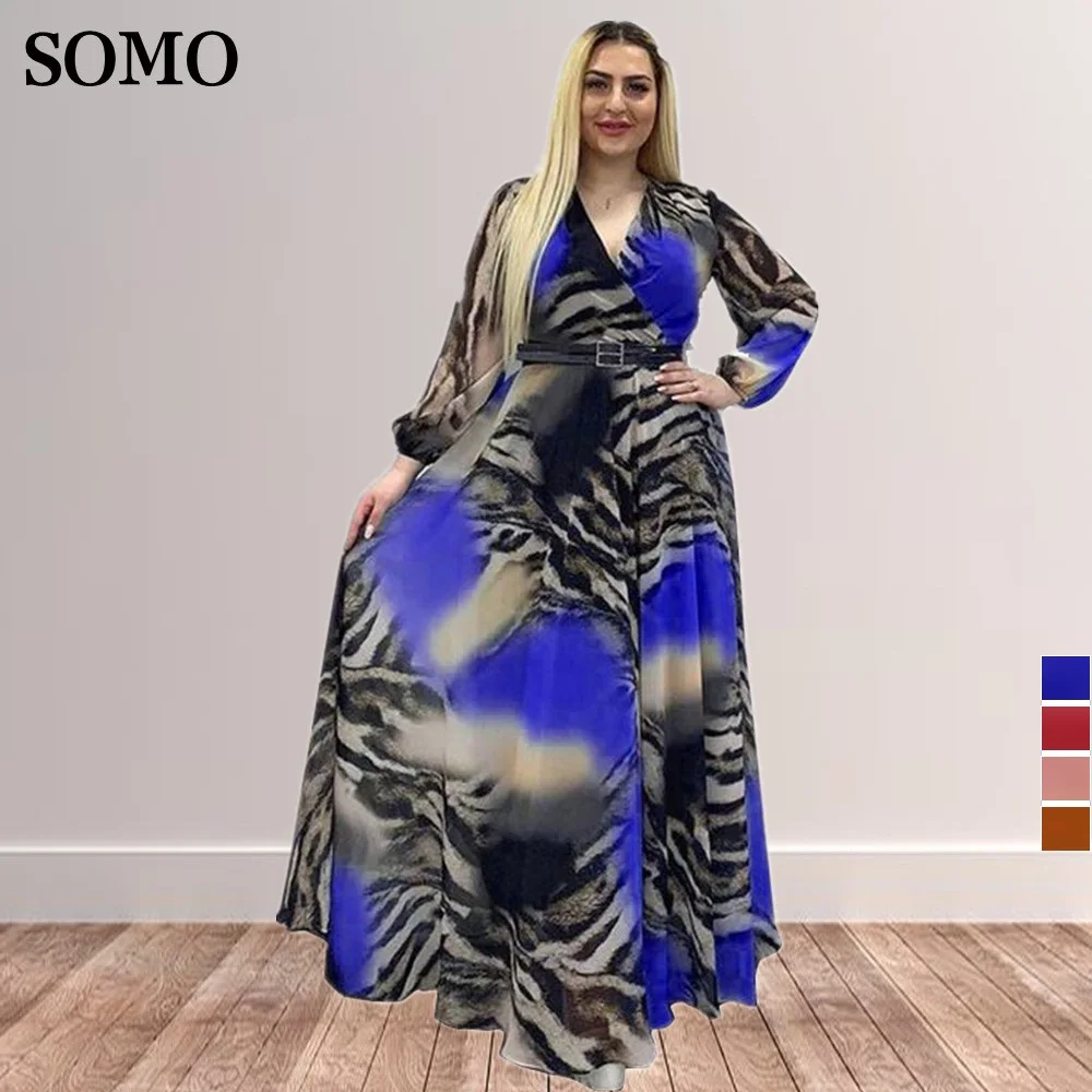 

Vintage Dresses for Women Party Winter V Neck Chiffon Maxi Dress with Belt Long Sleeve Plus Size Dress Wholesale Dropshipping