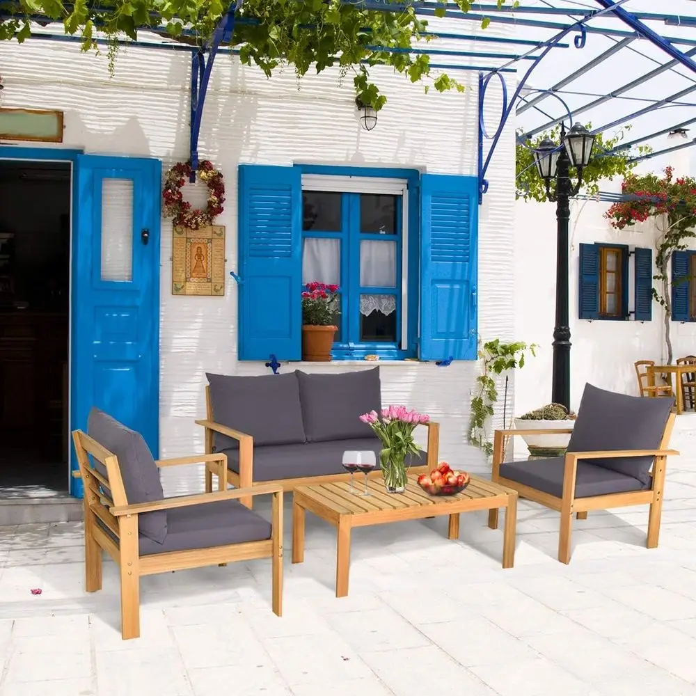 4 Pieces Wood Patio Contion Set, Outdoor urniture Soa Table Set, Cushions, Acacia Wood Chairs & Coee Table Set or Garden Backyar