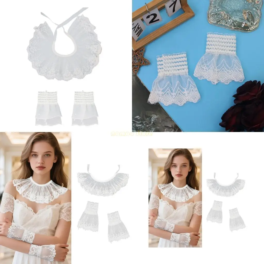 

31BF Регулируемый многослойный кружевной съемный воротник для блузок, платьев, готический модный аксессуар белого цвета