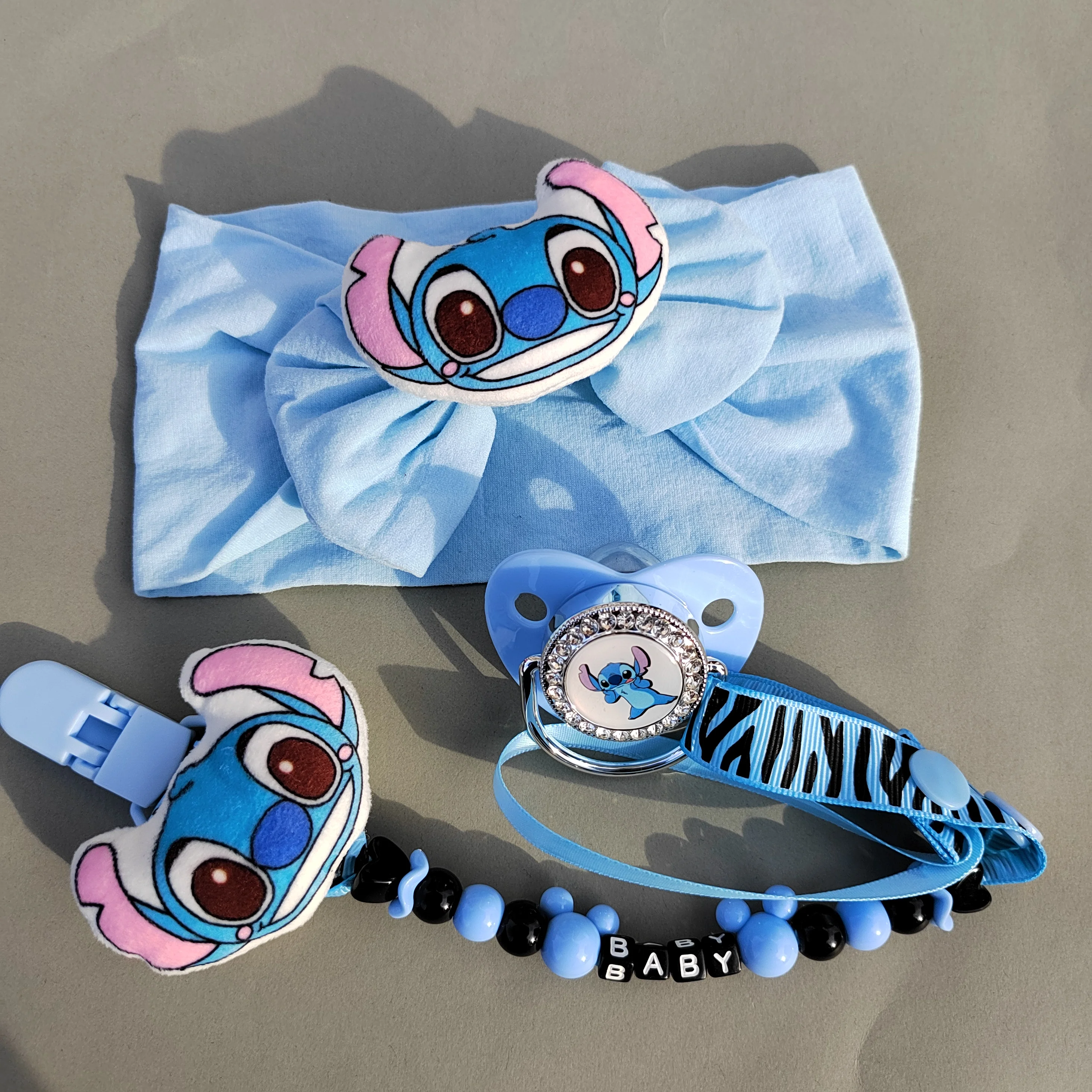 Disney cartoon shape Stitch silicone fake clip and baby pacifier headband shoes Blue baby shower birthday gift chupetes0-8M