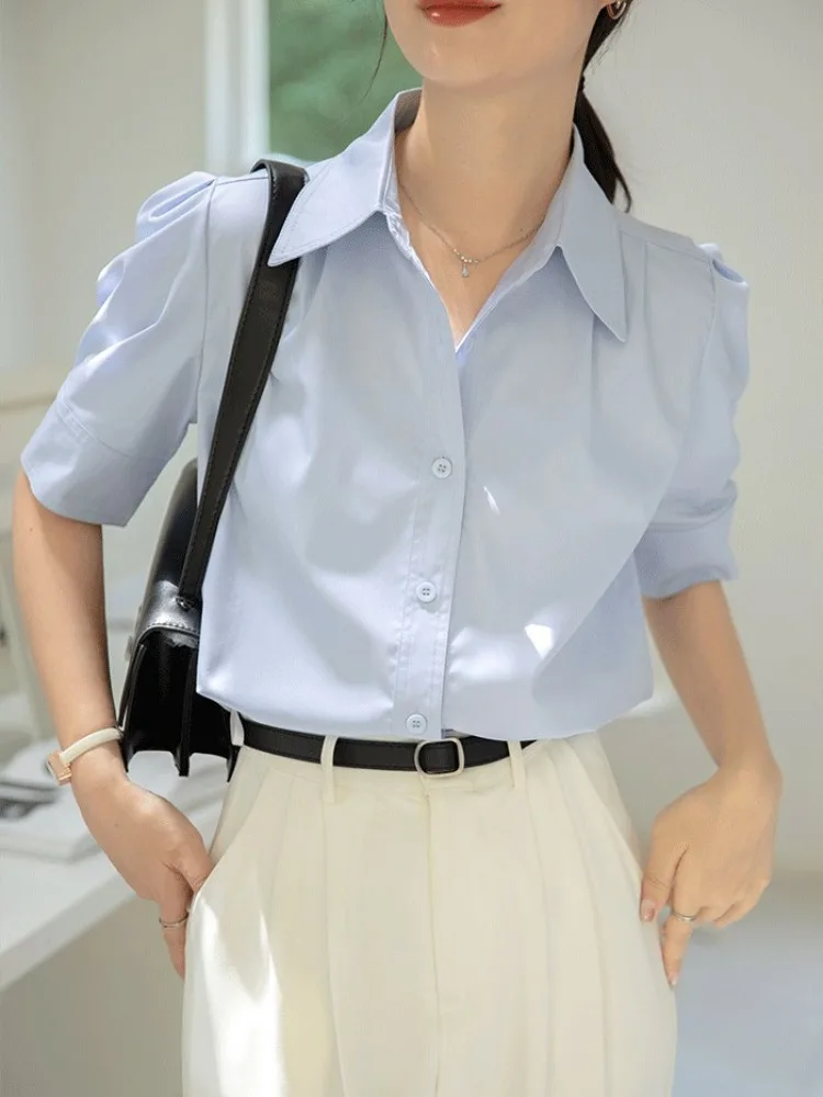 

Elegant Blue Women's Shirt Short Sleeve Professional Design Summer 2026 Fashion Sweet Style Japanese Loose Fit Button up