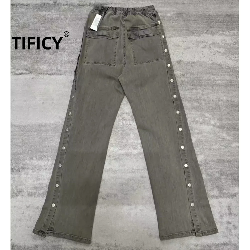 High Street RO Dark Style Side Opening Long Pants Men Vintage Washed Denim Jeans Versatile Casual Micro Flared Breasted Pants