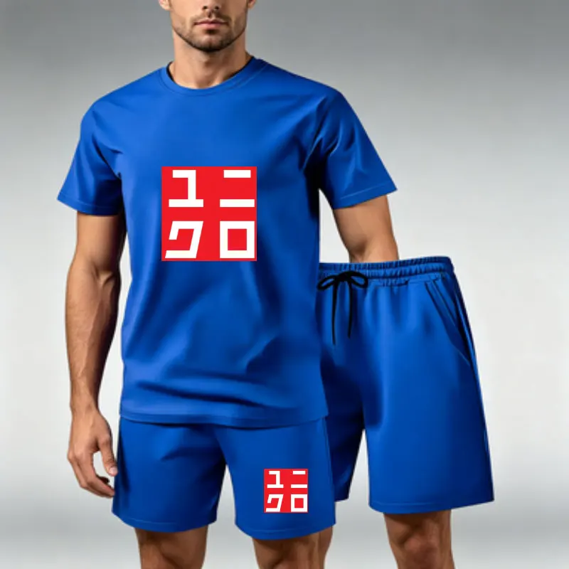 2Pcs men's summer hot selling Uniqlo set short sleeved drawstring T-shirt casual running fitness motorcycle riding sports set