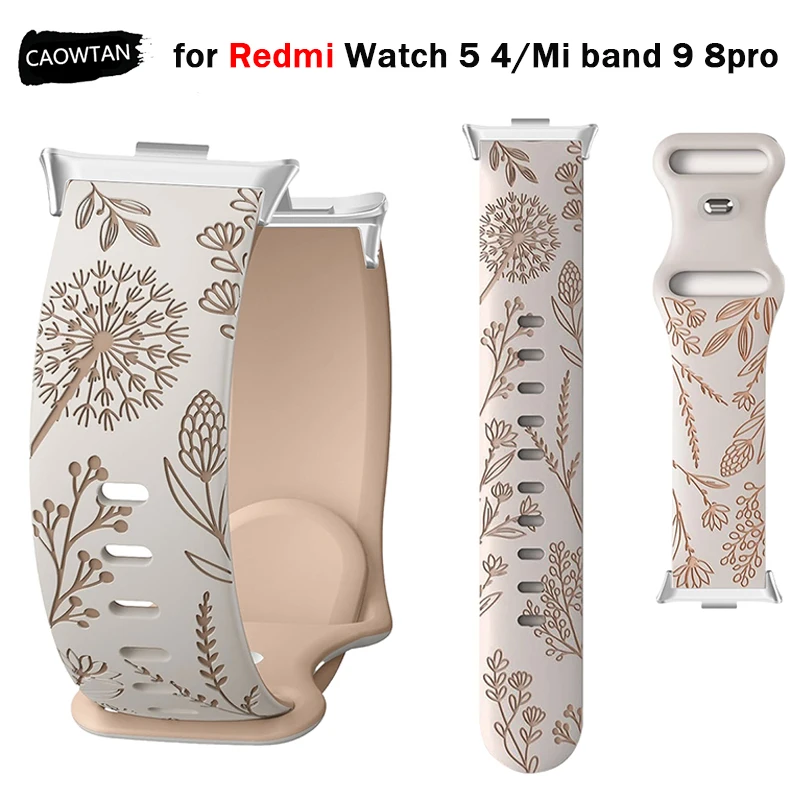 

Ремешок для Redmi Watch 5/4, силиконовый ремешок с резьбой для Mi Band 9pro 8pro, спортивные умные часы, браслет с гравировкой, аксессуары Correas