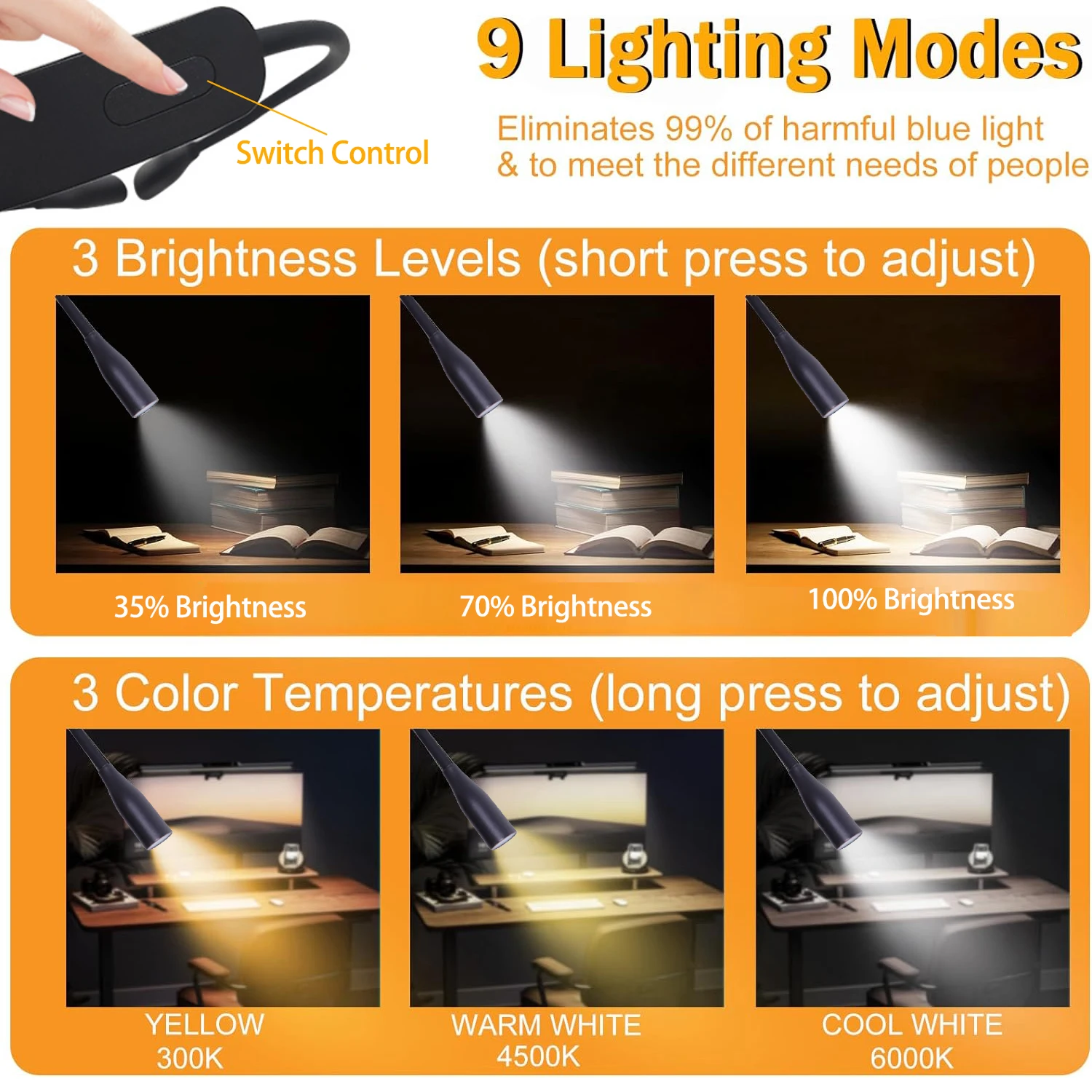 4 LED Portable Neck Reading Book Lights USB Rechargeable 3 Colors Night Lamp For Sewing Knitting Camping Repairing Light