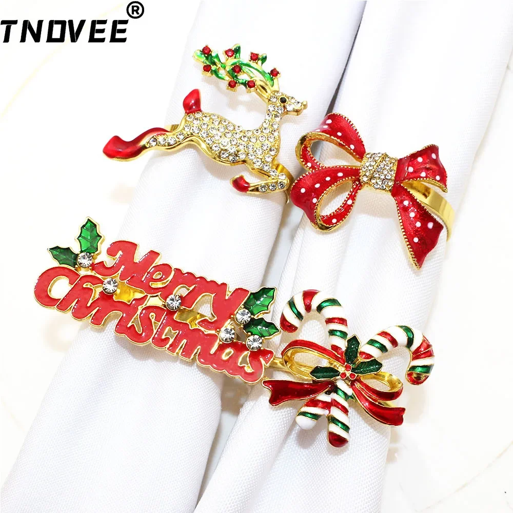 4Pcs/8Pcs Christmas Napkin Ring Rhinestone Deer Candy Cane Red Bow Napkin Rings Holder for Christmas Wedding Party Table Decor