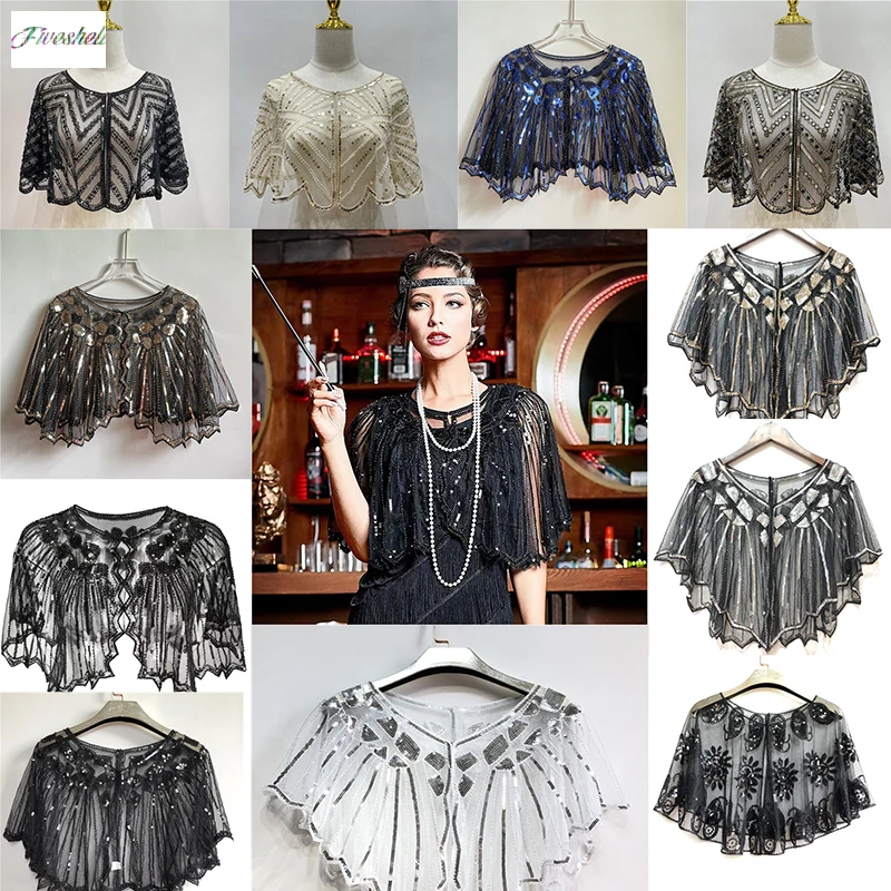 Vintage 1920s Flapper scialle con paillettes in rilievo mantello corto decorazione con perline Gatsby Party Mesh Short Cover Up Dress accessorio