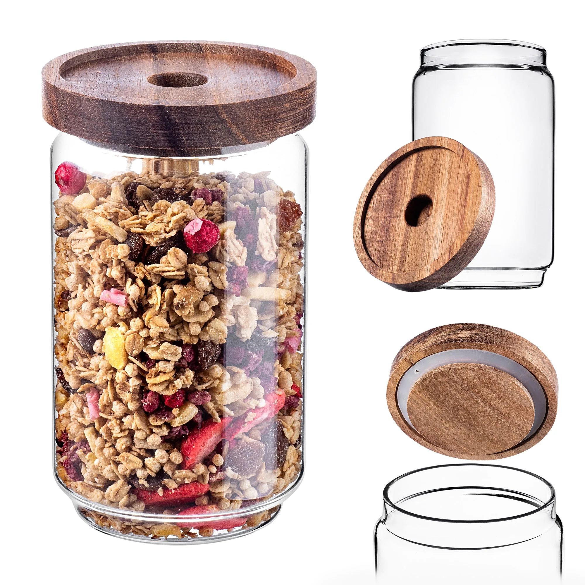 Voedselcontainer van glas voor kruiden en losse noedels, met deksel, 750 ml.
