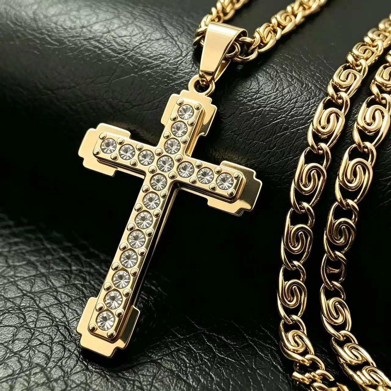 HNSP Stainless Steel Luxury Zircon Cross Necklace Pendant For Men Women Jewelry Accessories