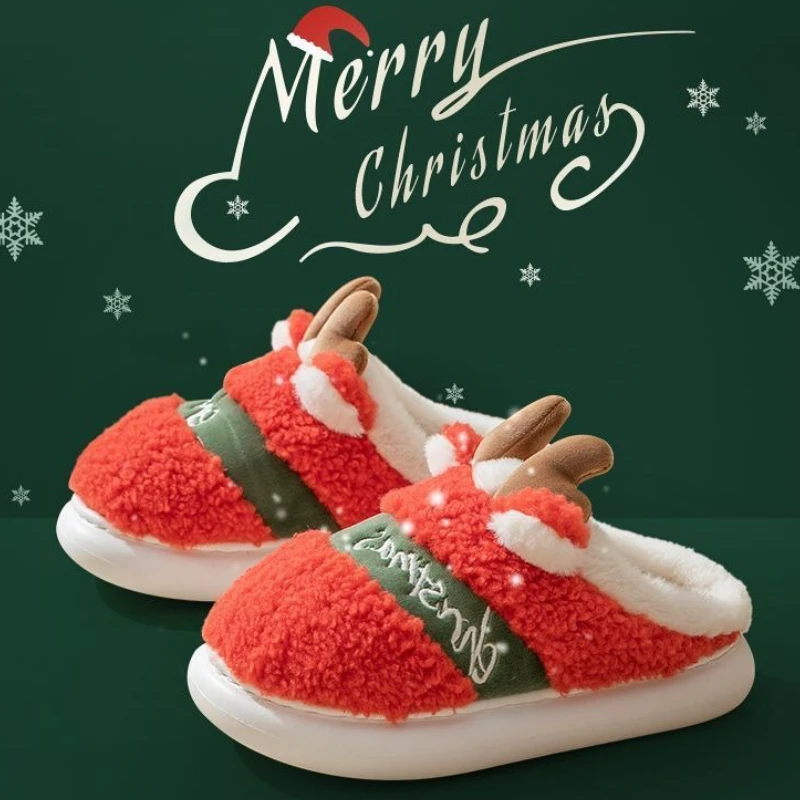 

2025 New Christmas Cotton Slippers For Women Men Winter Warm Fluffy Shoes Cute Cartoon Deer Anti-slip Couples Indoor Slipper