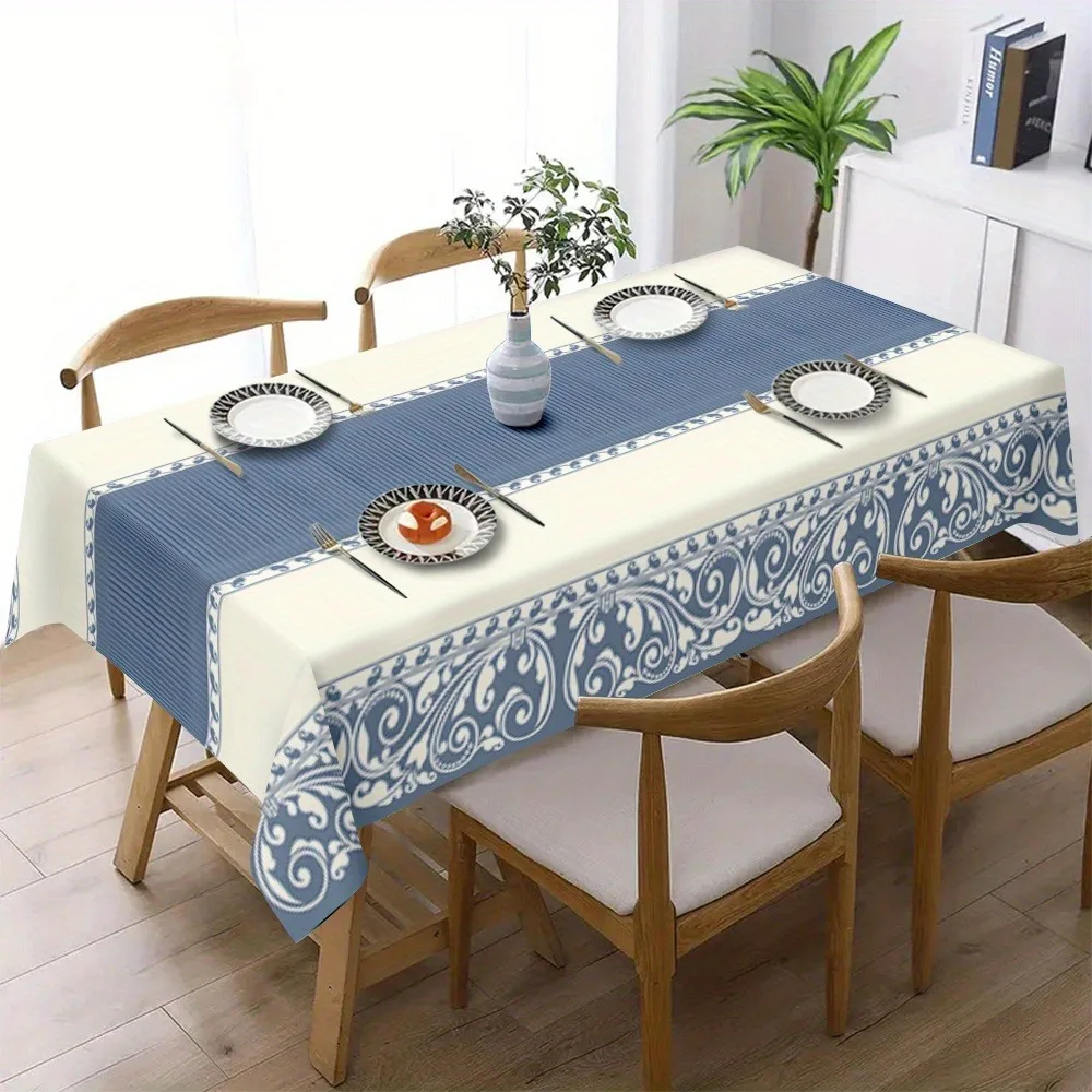 One piece of European-style striped tablecloth - blue and white square and rectangular table coverings.