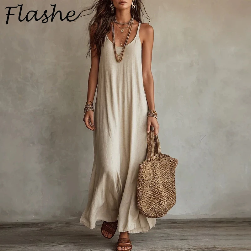 Neu eingetroffen: Damen trägerloses langes Kleid, lässiges O-Neck ärmelloses lockeres Strand- und Urlaubskleid für Damen, Maxikleider im Boho-Stil