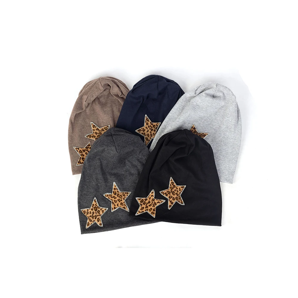 

Fashion Five-point Leopard Diamond Beanies For Women Slouchy Cotton Baggy Solid Color Hats Female Soft Warm Caps Ladies Bonnets