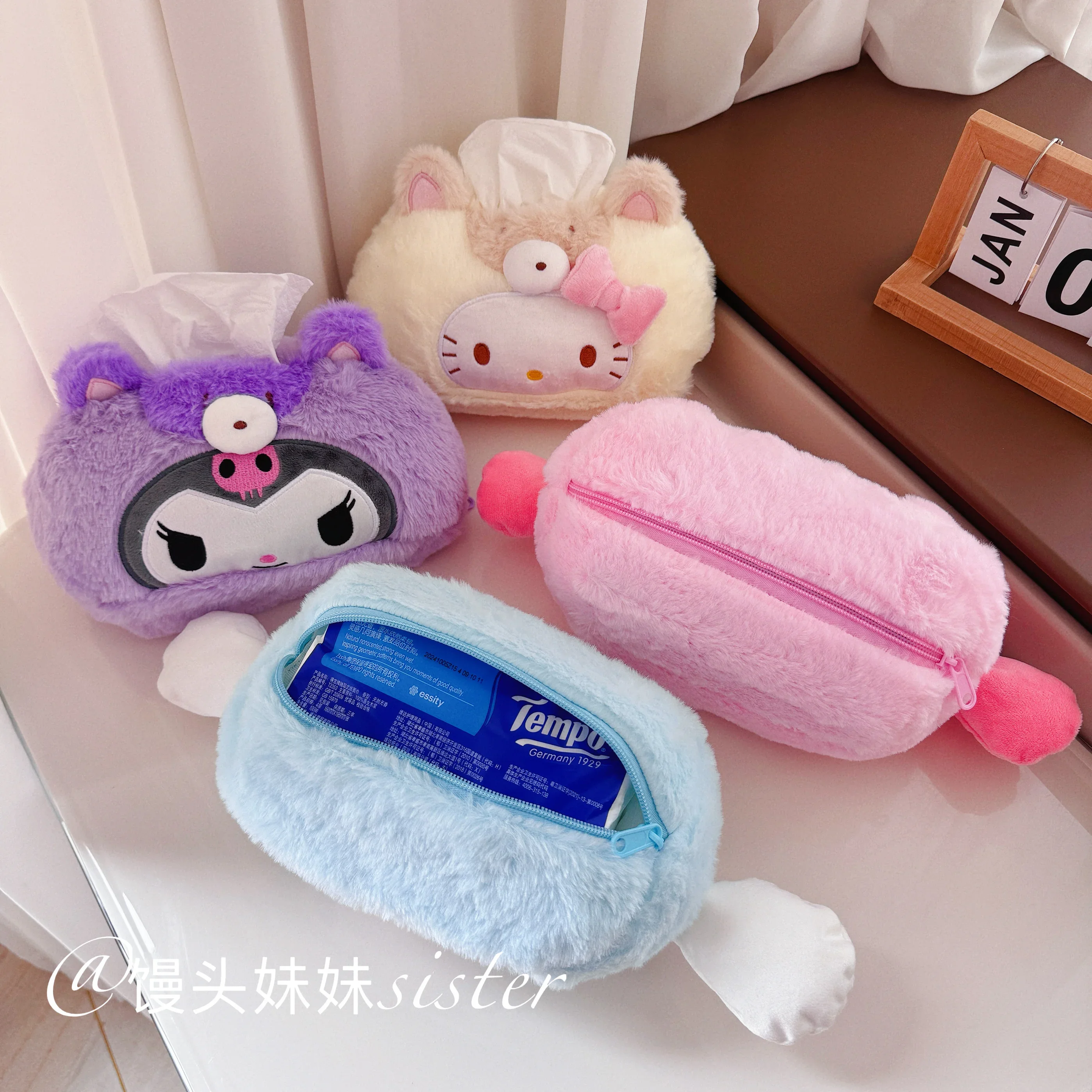 Sanrio caixa de tecido de pelúcia cinnamoroll minha melodia casa criativa capa de tecido de pelúcia kawaii kuromi olá kitty gaveta de papel presente da menina