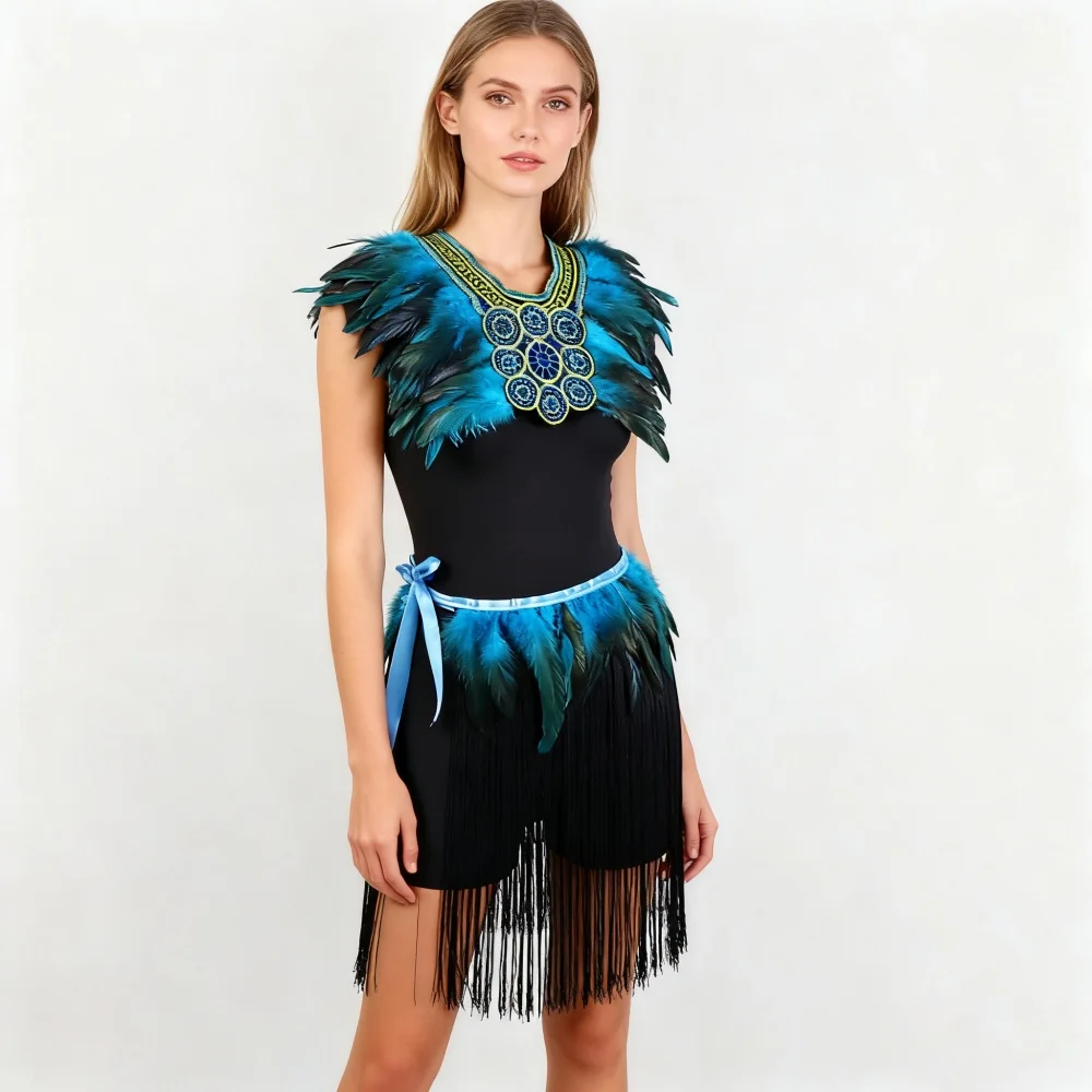 

Halloween festival fake feather shawl feather tassel skirt set, blue feather fashion non-elastic decorative shawl feather skirt