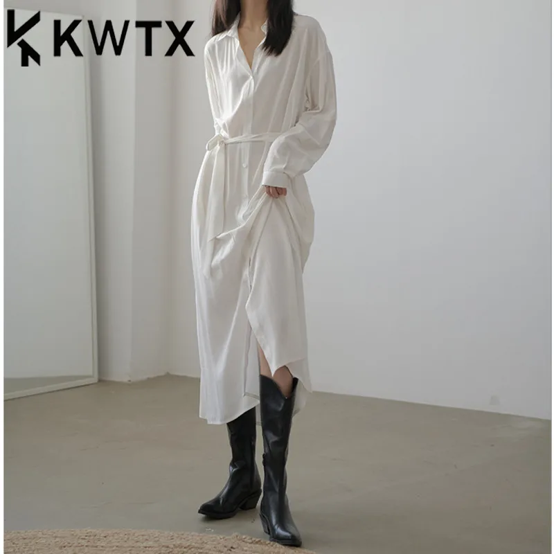 KWTX Primavera Verano 2025 blanco de manga larga Vintage vestido camisero elegante de lujo con cinturón ligero de alta calidad diseñador Casual