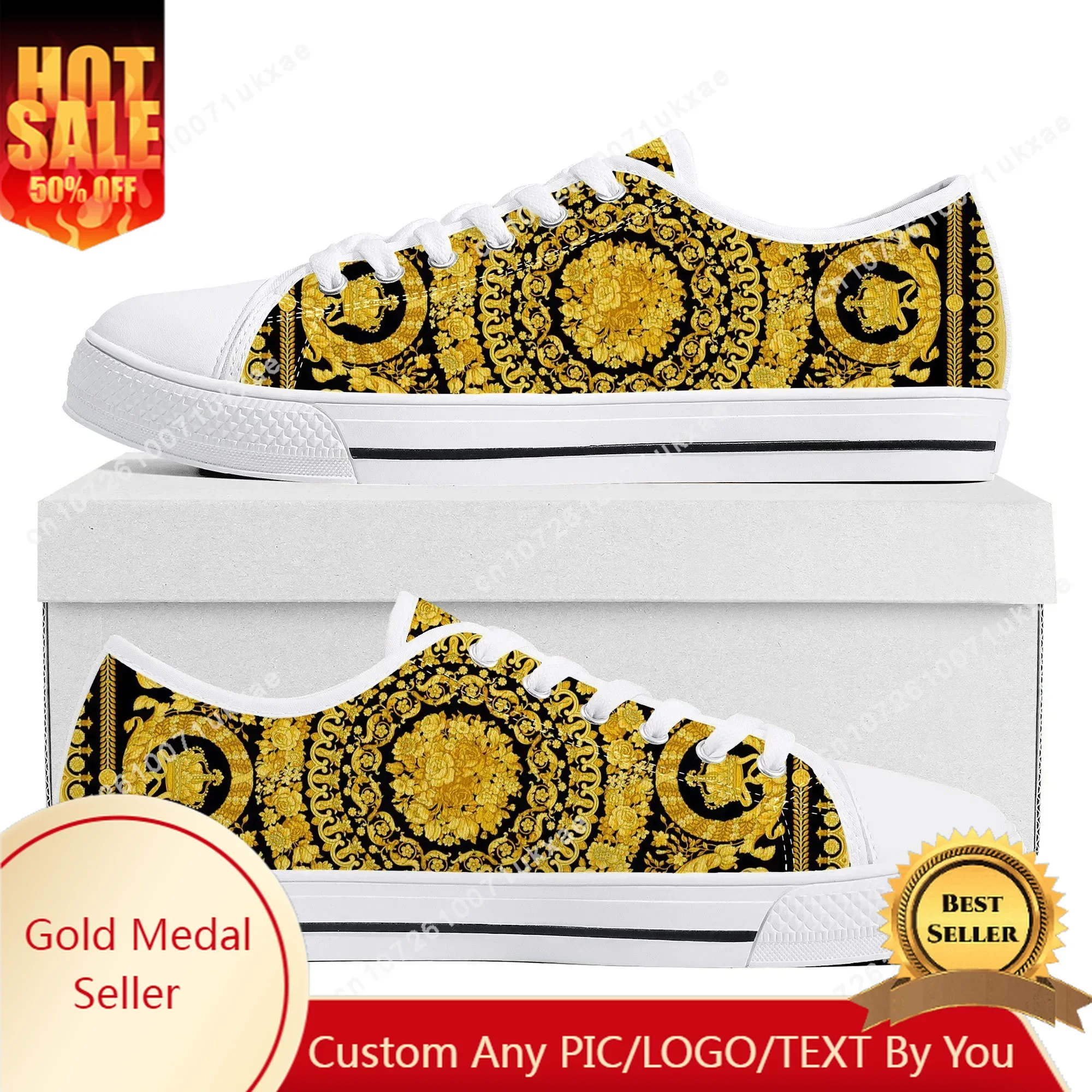 

Luxury Golden Floral Prints Low Top Sneakers Mens Womens Teenager High Quality Canvas Sneaker Couple Casual Shoes Custom Shoe