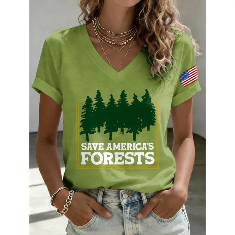 New Women's Save America's Forests Print Tees Summer V Neck Tops Short Sleeve Casual T-Shirts