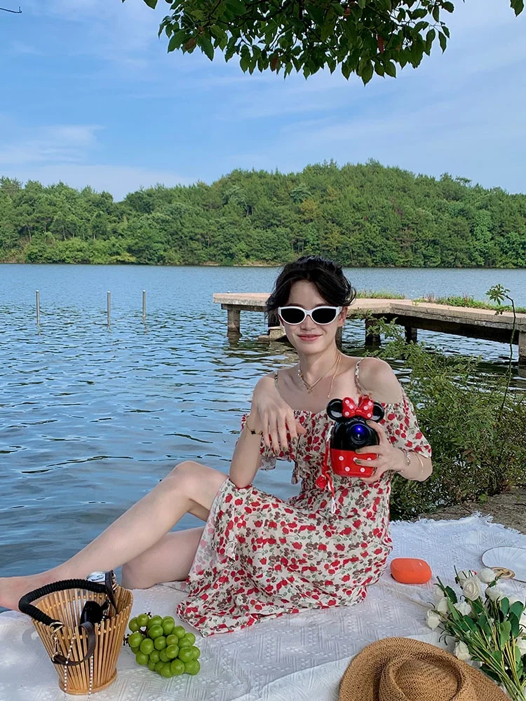 

Ele Slimming Long Dr with Ruffle Hem One oulder Strapl Korean Sle Floral Print Summer Faion Women's Dr