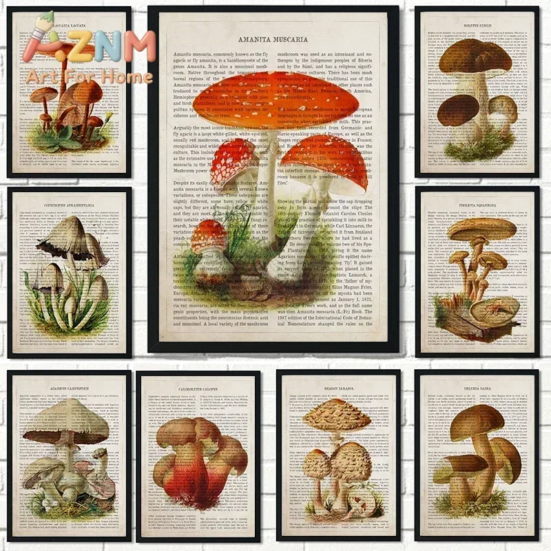Mushroom Botanical Plant Newspaper Posters Prints Wall Art Canvas Painting Nordic Vintage Wall Pictures for Living Room Decor