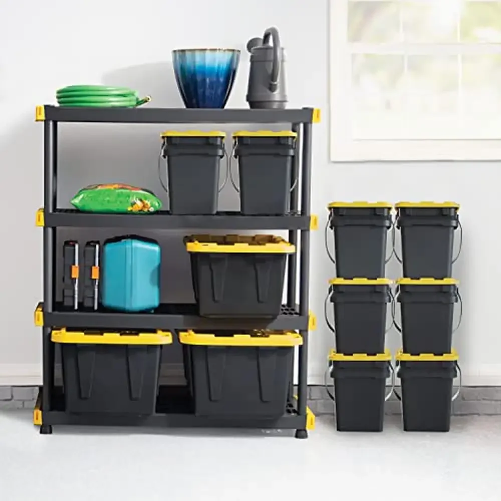 Adjustable Heavy Duty Storage Shelf with Secure Lid Garage Organizer Tools Sporting Goods Set of 4 Shelves 27 Gallon Containers