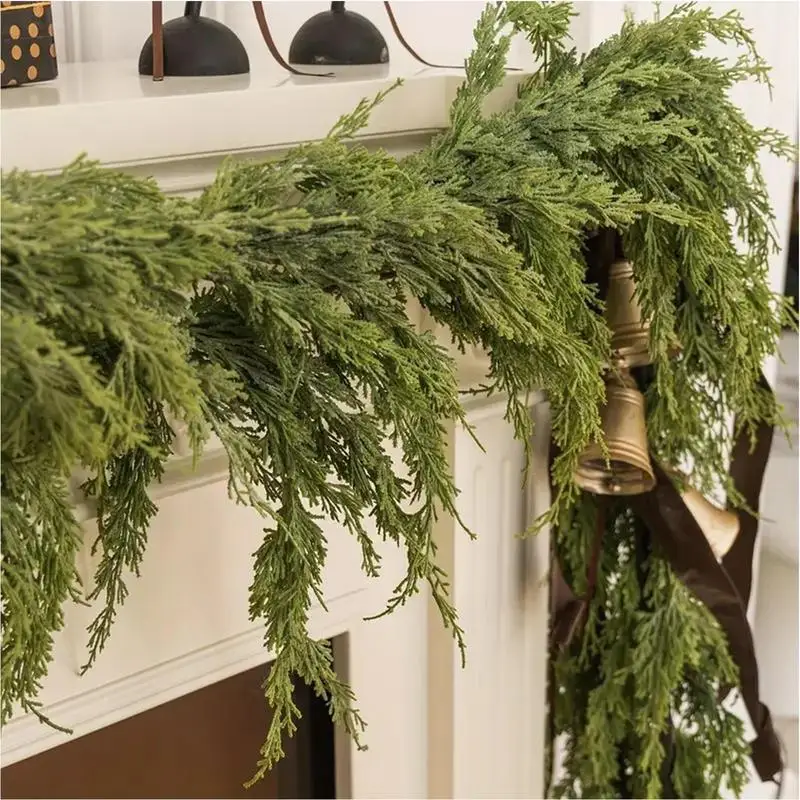 Real Touch Pine Garland Greenery Garland Christmas Simulation Rattan Outdoor Christmas Decorations With Hooks For Mantle Wall