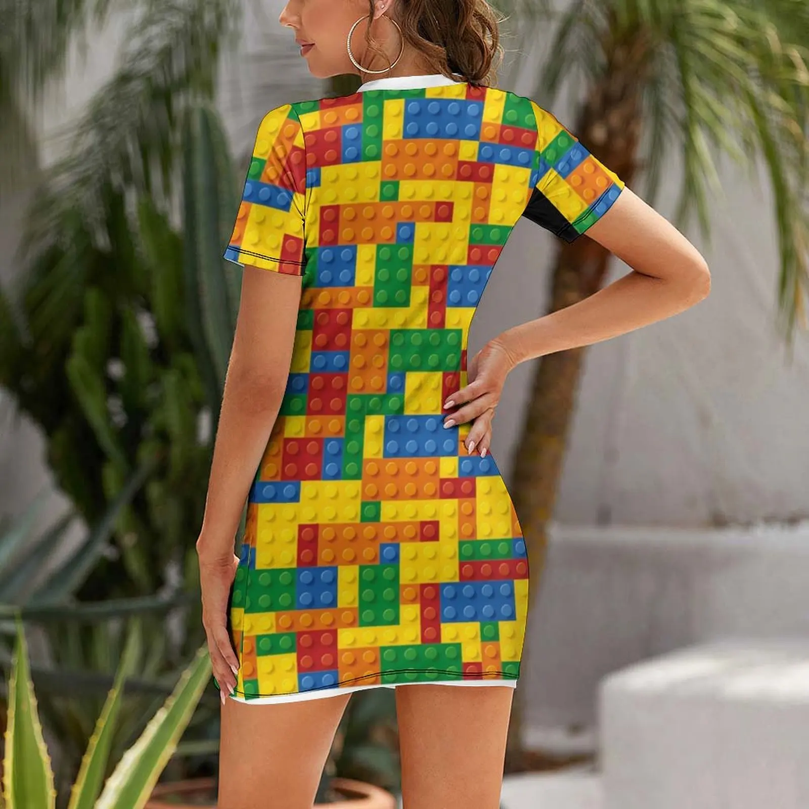 Colorful Building Bricks small plastic blocks Short Sleeved Dress summer outfits for women 2025 sexy short dresses daring