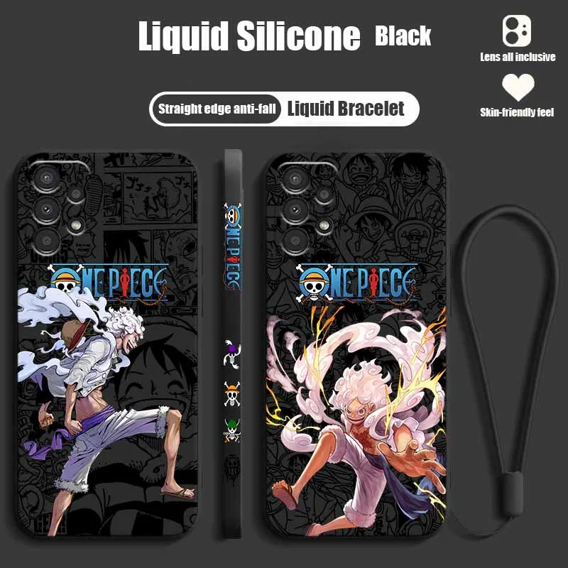 Gear 5 Luffy One Piece Handyhülle für Samsung A73 A72 A71 A60 A57 A56 A55 A54 A53 A52 A36 A34 A32 A26 A24 – Flüssige, weiche Schutzhülle mit Seil